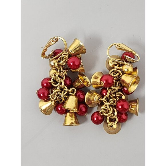 Vintage Avon Christmas Gold Bells‎ & Red Berries Dangle Clip Earrings - Picture 2 of 3